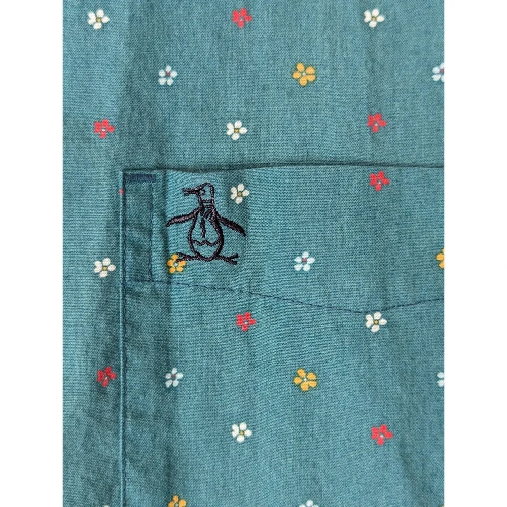 Original Penguin Shirt Mens XL Teal Floral Button Front Short Sleeve Pocket - Picture 2 of 9